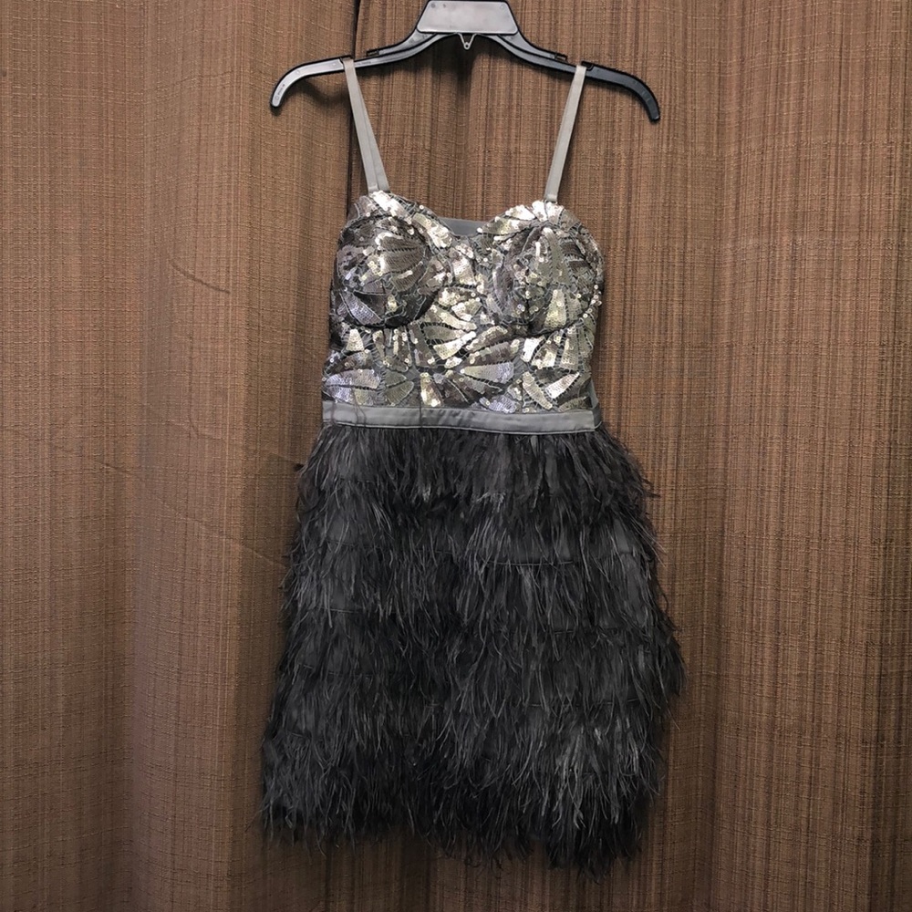 BEBE Silver Sequenced Feathered Dress